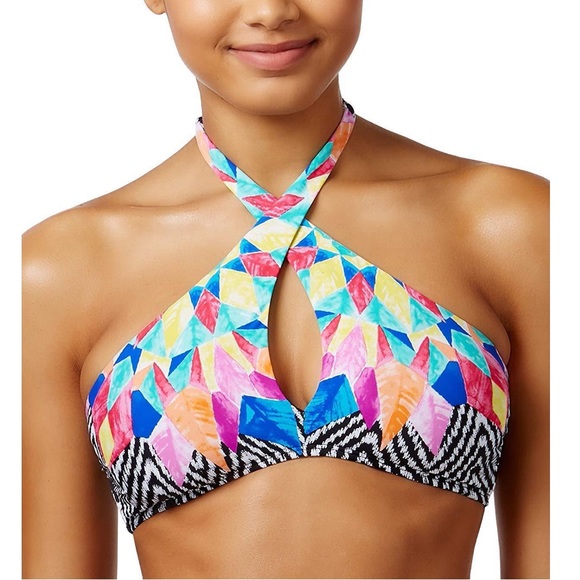 BAR III FEATHERED DAZE High Neck Crossover Halter Bikini Top - Picture 1 of 6